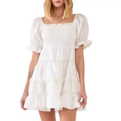 Linen Smocked Mini Dress with Lace