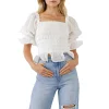 Embroidered Trim Smocked Woven Top