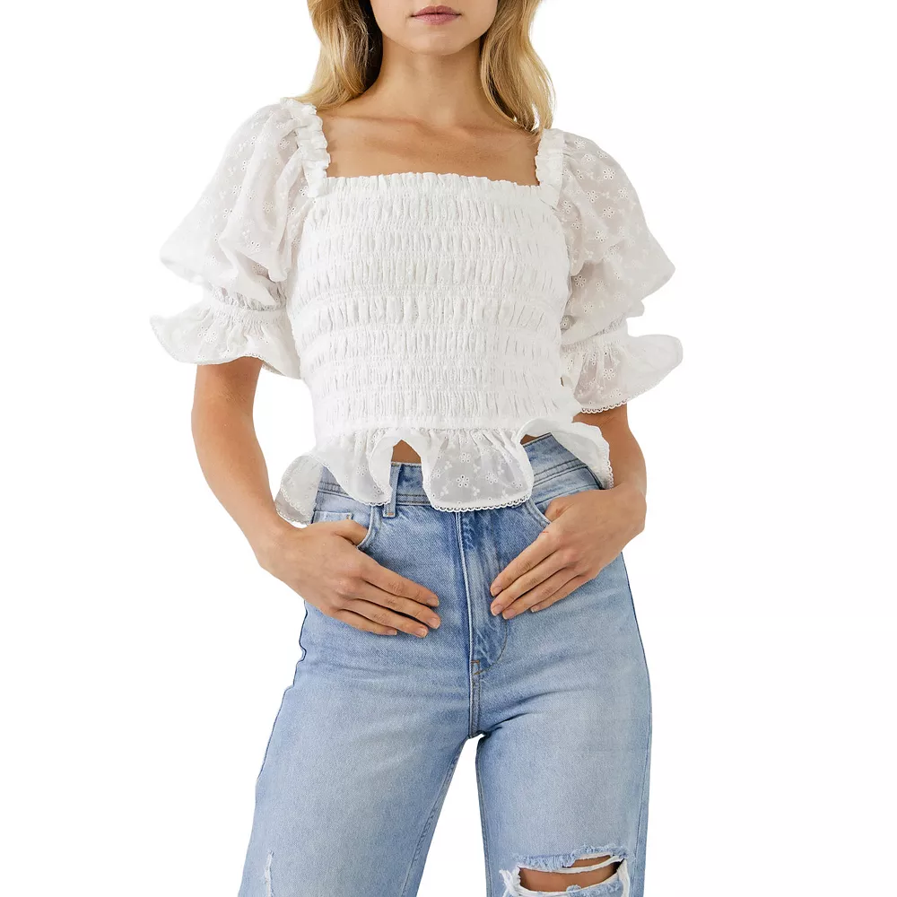 Embroidered Trim Smocked Woven Top