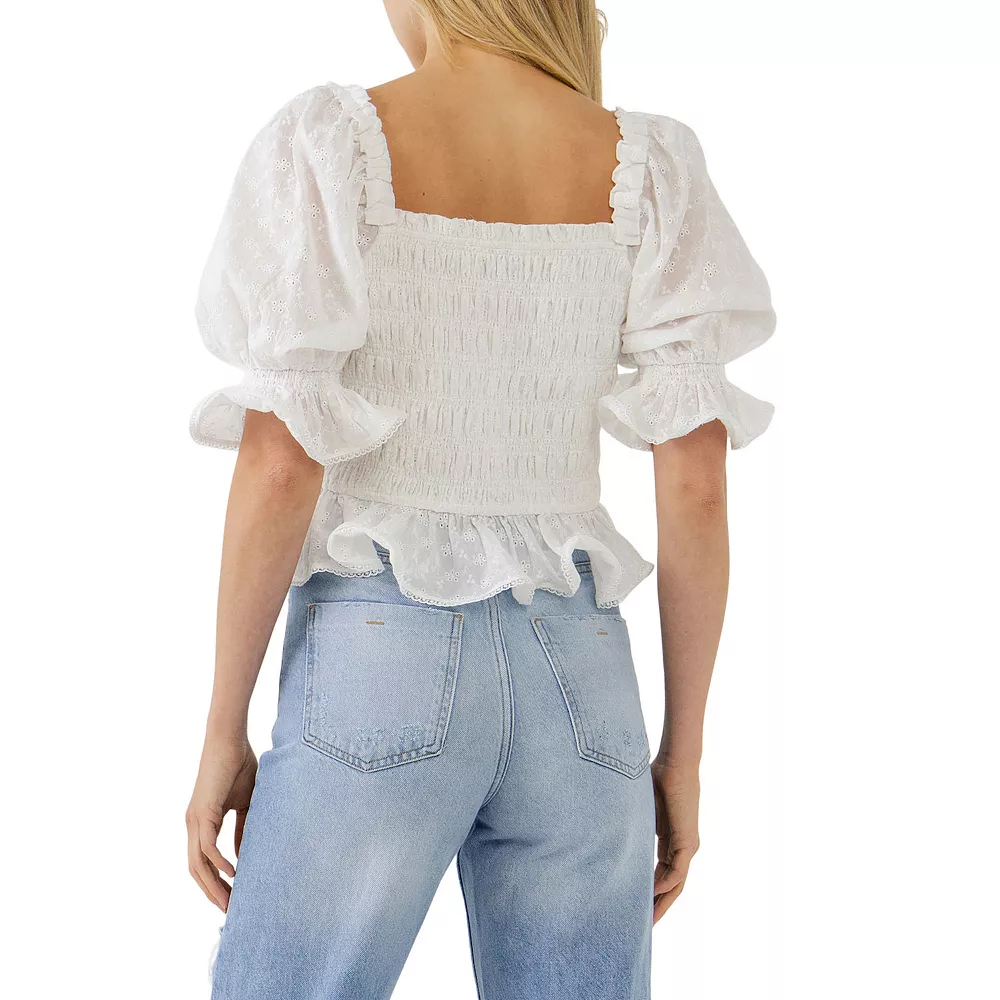 Embroidered Trim Smocked Woven Top - Image 2