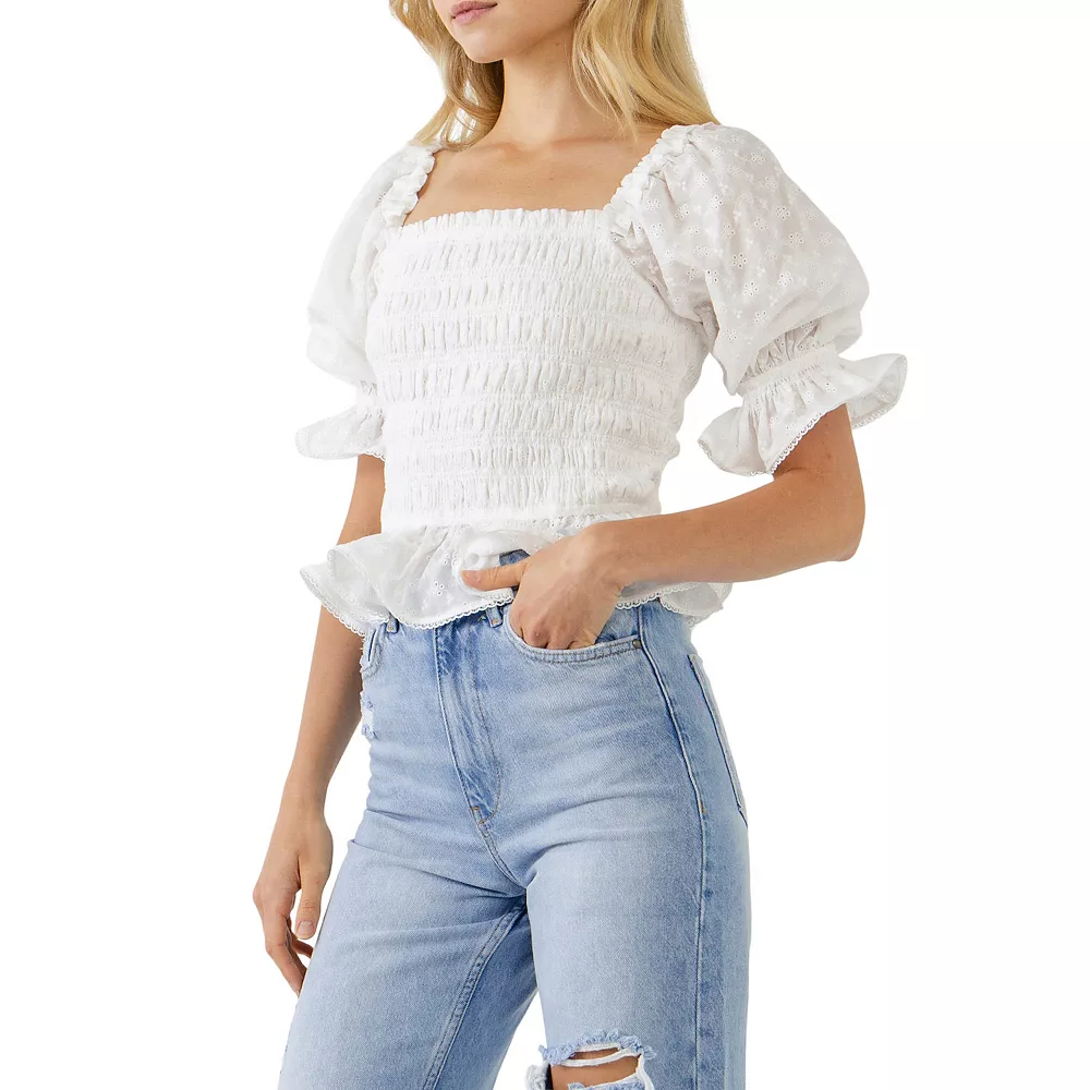 Embroidered Trim Smocked Woven Top - Image 3