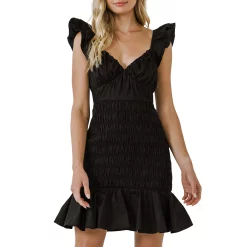 Plunging Lace Trim Dress with Puff Sleeve