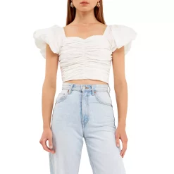 Shirring Detail Puff Sleeve Cropped Top