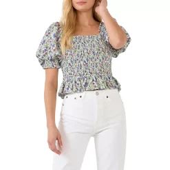 Jacquard Floral Smocked Puff Sleeve Top