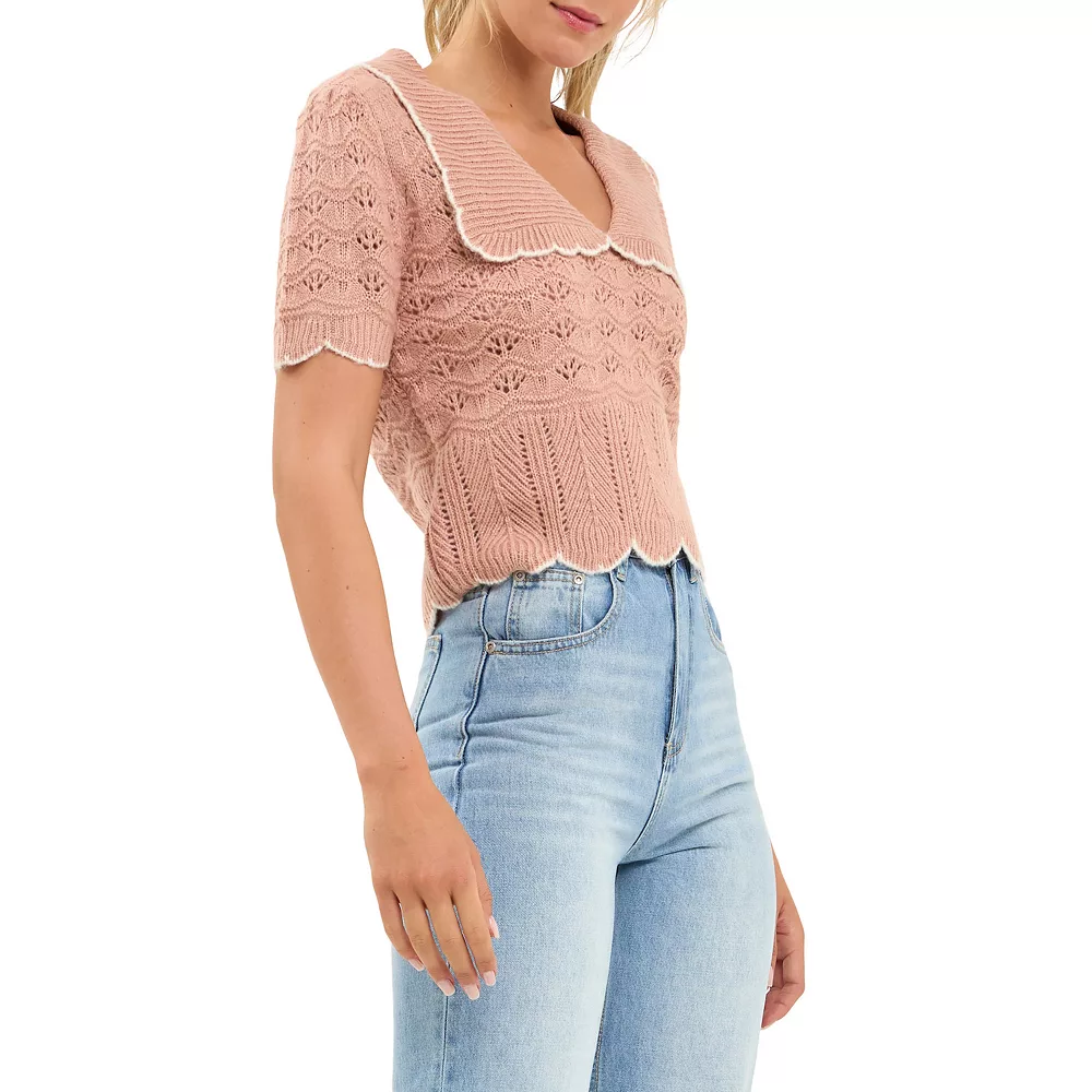 Short Puff Sleeve Scalloped Knit Top - Image 3