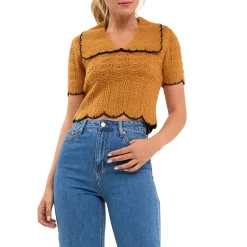 Short Puff Sleeve Scalloped Knit Top