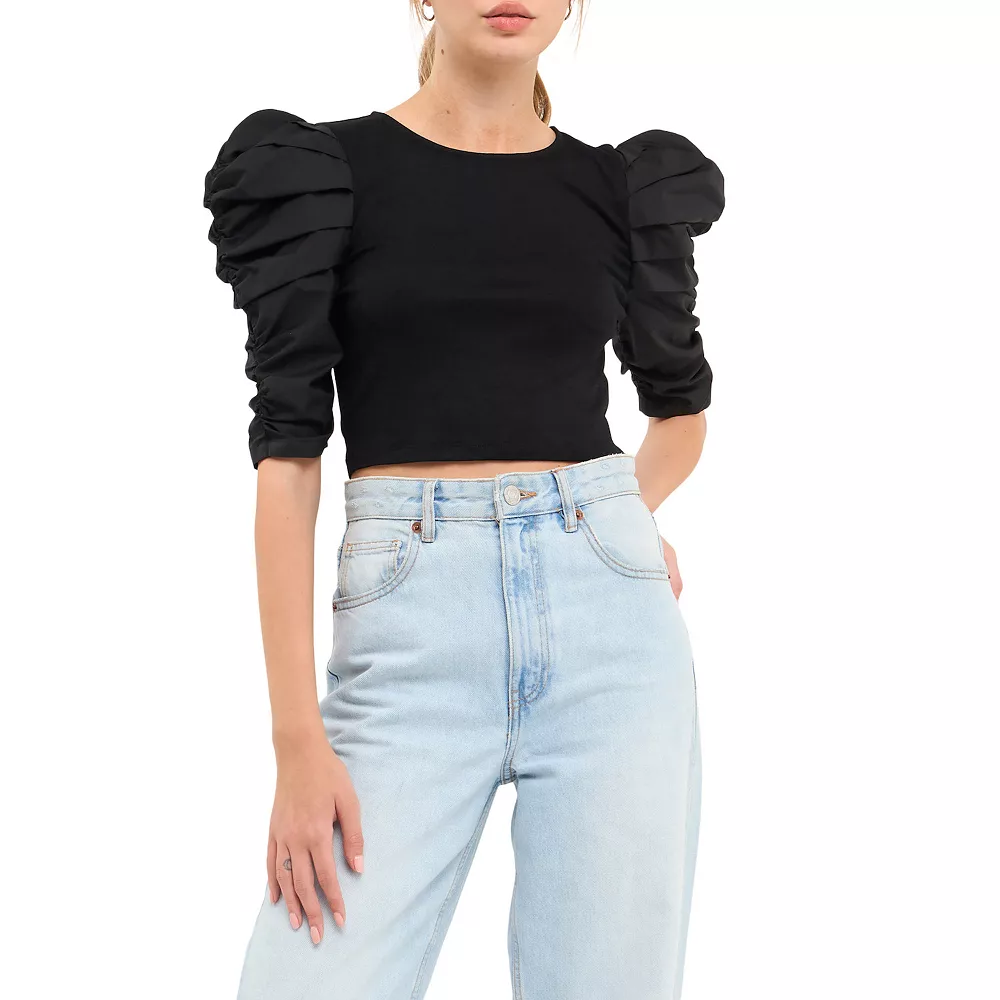 Mixed Media Puff Sleeve Top - Image 2