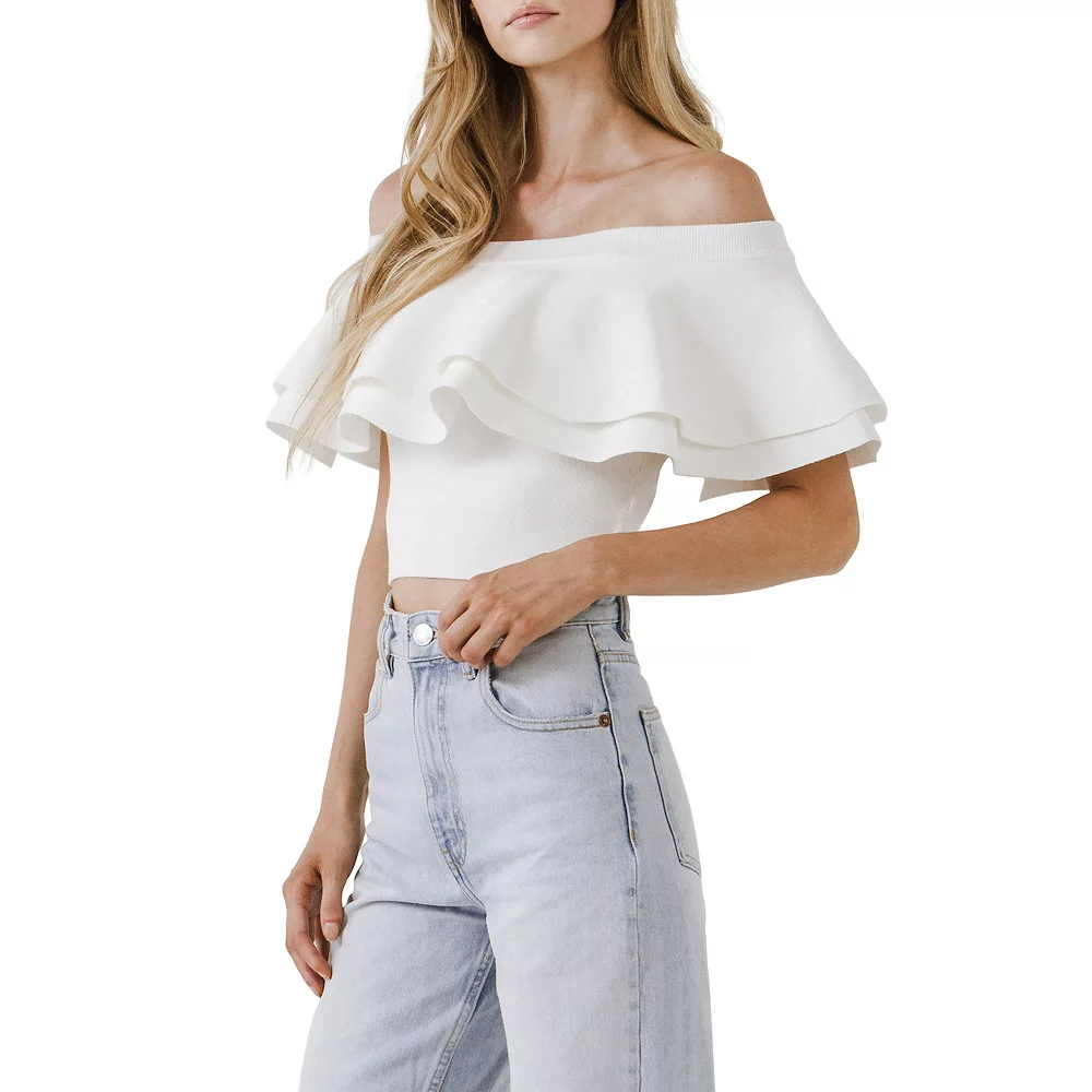 Off The Shoulder Crop Knit Top - Image 3
