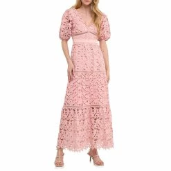 Puff Sleeves Lace Tiered Maxi Dress