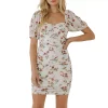 Floral Mesh Ruched Mini Dress with Short Sleeves