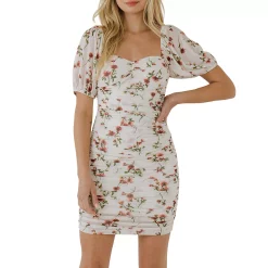 Floral Mesh Ruched Mini Dress with Short Sleeves