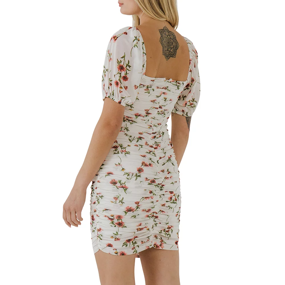 Floral Mesh Ruched Mini Dress with Short Sleeves - Image 2