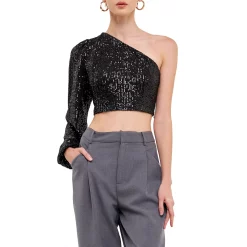 One Sleeve Asymmetrical Sequins Crop Top