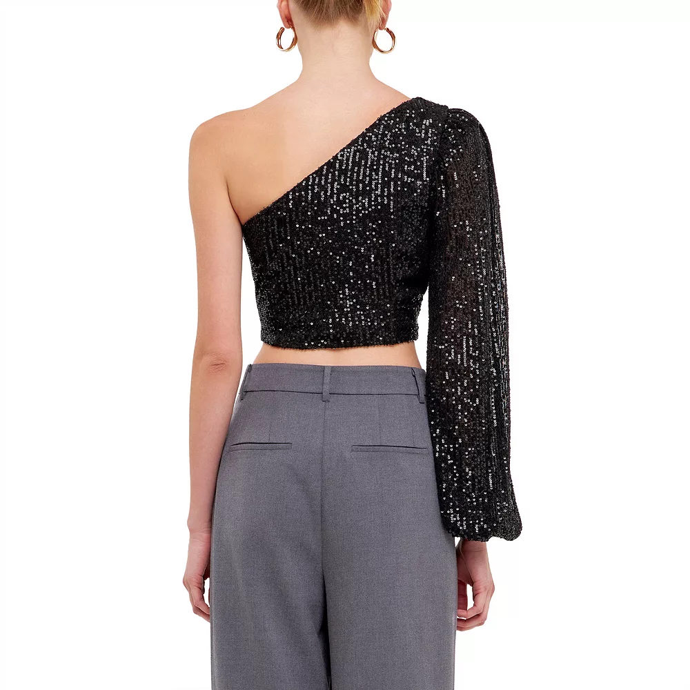 One Sleeve Asymmetrical Sequins Crop Top - Image 2