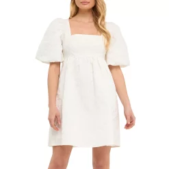 Open Back Floral Jacquard Puff Dress