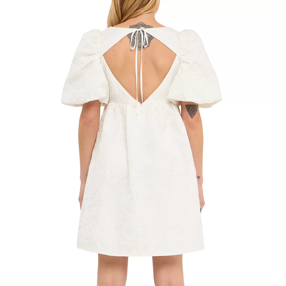 Open Back Floral Jacquard Puff Dress - Image 2