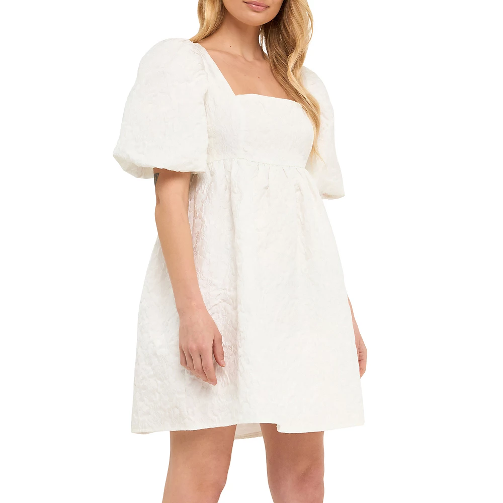 Open Back Floral Jacquard Puff Dress - Image 3