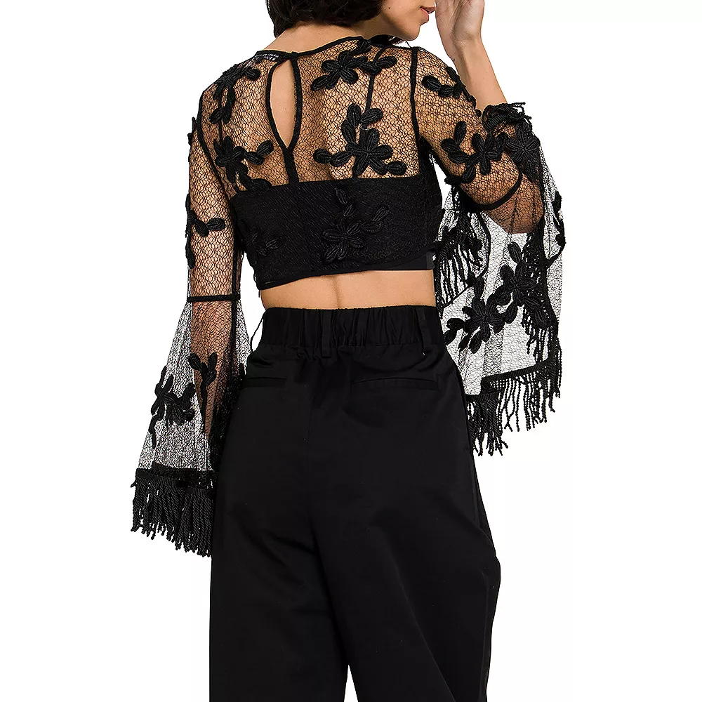 Floral Lace Crop Top with Bell Sleeve - Image 2