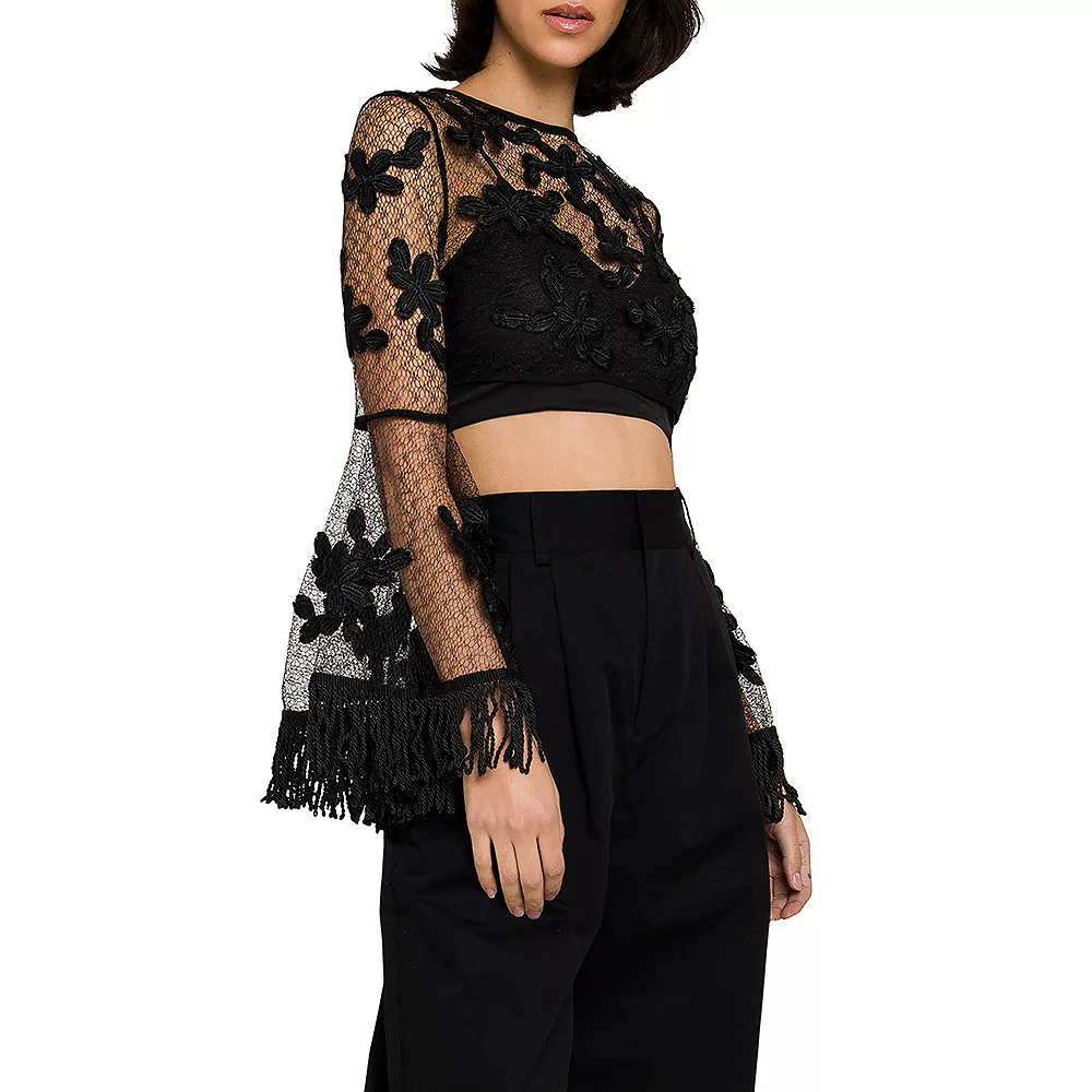 Floral Lace Crop Top with Bell Sleeve - Image 3