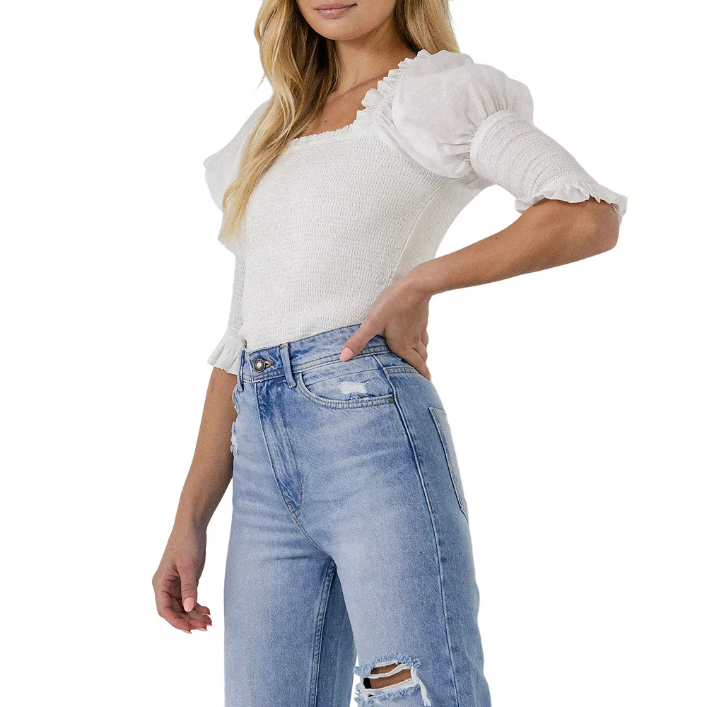 Quarter Sleeve Smocked Puff Sleeve Top - Image 3